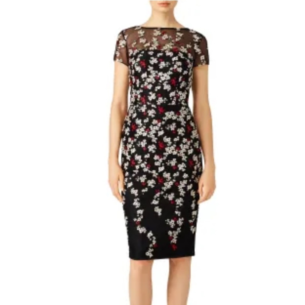 David Meister Falling Petal Black Floral Embroidered Sheath Dress